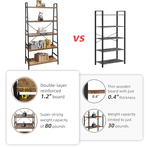 5 Tier Ladder Bookshelf - Rustic Brown Wood & Metal Industrial Storage