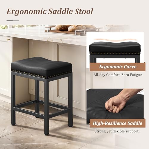 GRUSIGN Black 24 Inch Set of 2 Counter Height PU Leather Bar Stools with Footrest