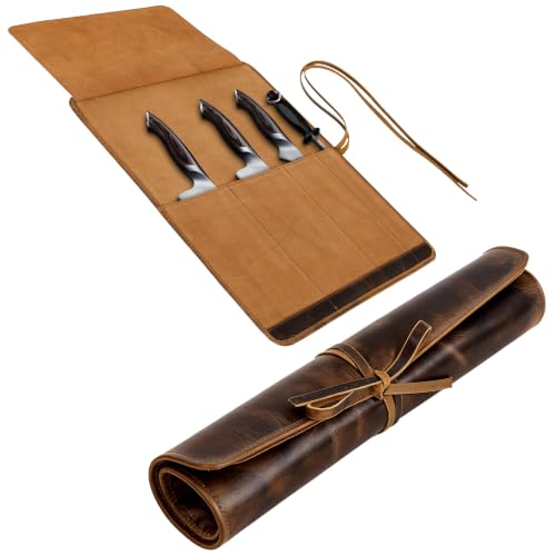 ELIZO Antique Leather Knife Roll Bag with 4 Slots - Professional Chef Case