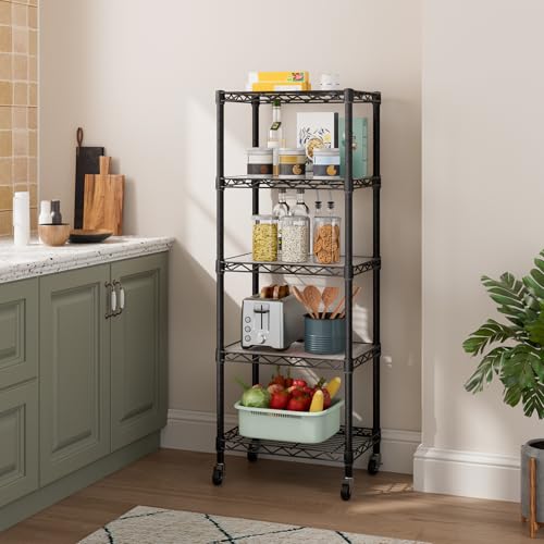 Small Adjustable Wire Shelving Unit with Wheels - 5-Tier Black Storage Rack