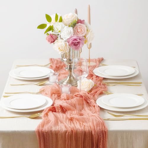 Coral Peach Pink Spring Summer Cheesecloth Table Runner Boho Rustic Gauze 120 inch 10FT Cheese Cloth Runner for Wedding Party Baby Shower Birthday Home Decor Holiday Decorations