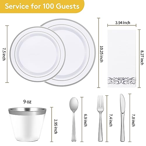 Silver Disposable Dinnerware Set for 100 Guests - 700 Pieces