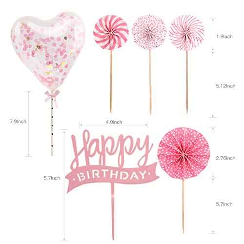 Pink Cupcake Topper with Paper Fans, Confetti Balloon, Christmas Birthday Cake Supplies (6 pieces)
