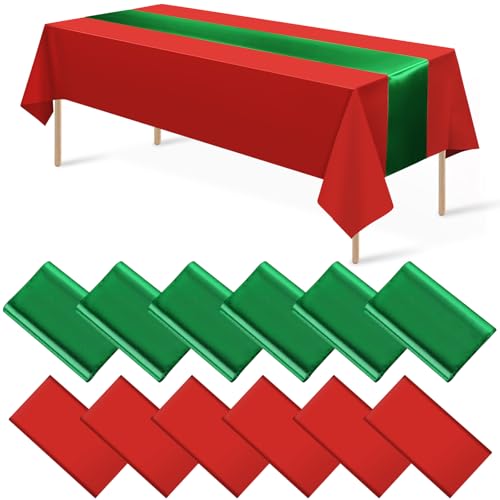 Red & Green Satin Table Runner and Plastic Tablecloth Set - 12 Pack