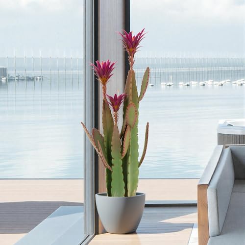3ft Tall Artificial Cactus with Magenta Flower in Pot, Fake Cacti