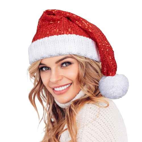 Sequin Santa Hat Knitted Glitter Christmas Hats Shiny Xmas Christmas Beanie For Adult Women Men