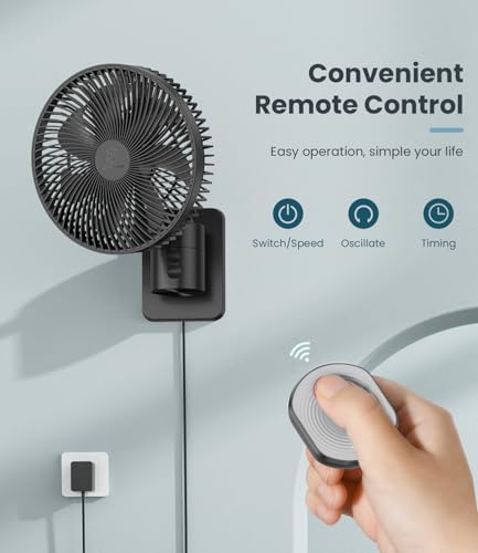LEMOSTAR 8 Inch Black Wall Mount Fan with Remote, Oscillating, 4 Speeds, Timer