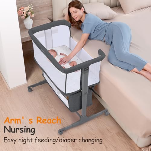 Ezebaby Deep Gray Bedside Baby Bassinet with Adjustable Height & Wheels