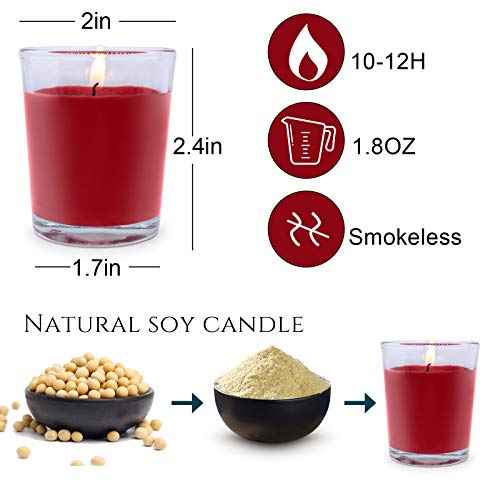 4 Packs Unscented Red Burgundy Colored Votive Candles in Glass, 2 Inch Natural Soy Wax Scentless Candles for Christmas Wedding Party Home Holiday Relaxation Spa, 12-15 Hour Burning Time