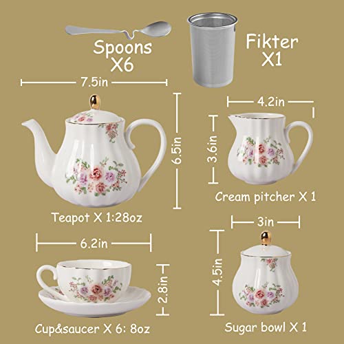 Porcelain Tea Set with Rose Flower Design - 8 OZ Cups & Saucer Service for 6, Includes Teapot Sugar Bowl Creamer & Strainer