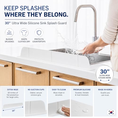 Eco White Ultra Wide 30-Inch Silicone Kitchen Sink Splash Guard - No Suction Cups
