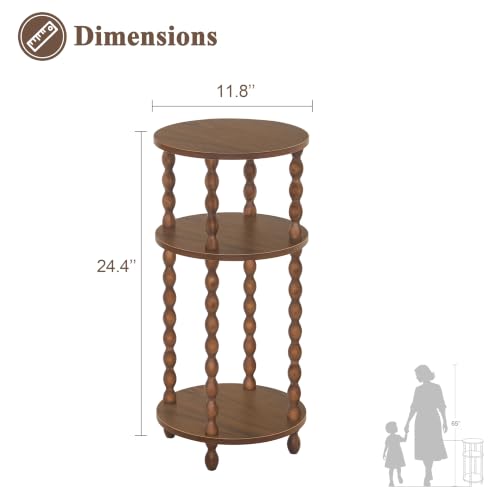 Small Round End Table with 3-Tier Open Shelves - Walnut Brown