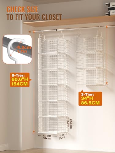 Orapoke White 6-Tier Hanging Closet Organizer Without Drawer - Metal Storage Shelves with Hooks