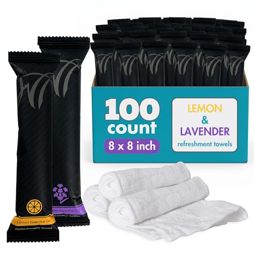 Disposable Cotton Hospitality Towels - Lemon & Lavender, 8x8 inch, Case of 100 - Single-Use Oshibori Style Towels
