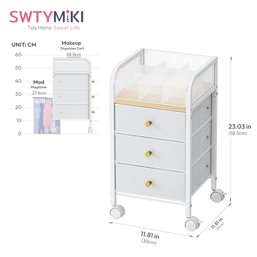 SWTYMIKI White 4-Tier Rolling Makeup Organizer Cart with 3 Large Drawers