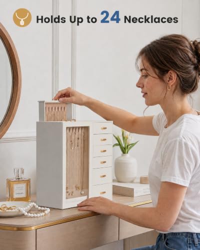 Lolalet Beige Large Jewelry Box Organizer for Women, Holds 24 Necklaces, Multiple Drawers & Ring Slots
