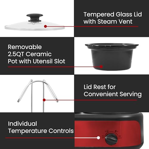 Elite Gourmet Triple Slow Cooker Buffet Server - 3 x 2.5 Qt, Red - Multi-Use Kitchen Appliance