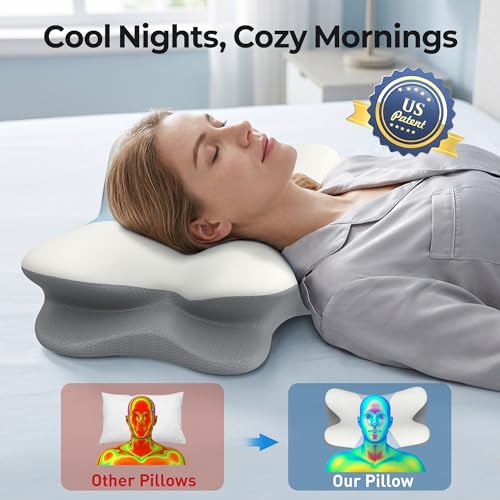 ROPÜ White & Blue Cervical Neck Pillow - Contour Memory Foam for Pain Relief & Support
