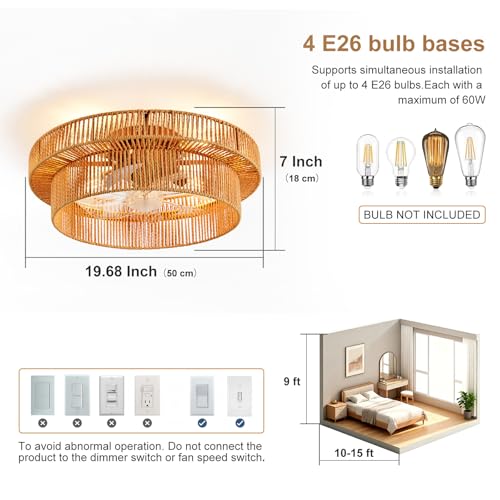 Natural Brown 20 Inch Boho Ceiling Fan with Light and Remote - Reversible 6-Speed Indoor Fandelier