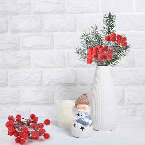 200PCS Artificial Holly Berries Wired Stems Artificial Flowers 12MM Frosted Fake Berries, Red