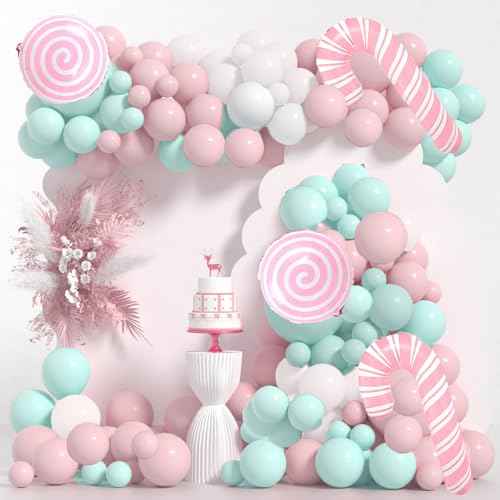 Christmas Balloon Arch Kit 137pcs Pink Christmas Balloon Garland With Pink Teal Blue White Latex Balloons Pink Candy Cane and Xmas Tree Foil Balloons For Christmas Baby Shower Party Decorations