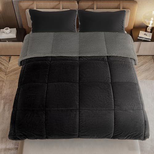 Fluffy Sherpa Comforter Set Queen - Thick Reversible Bedding with Cloud Softness - Black