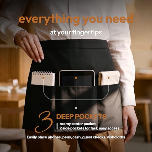 Black Waist Apron 12 Pack with 3 Pockets – Durable Commercial Server Aprons for Kitchen & Restaurant Use - Variation of THIS listing