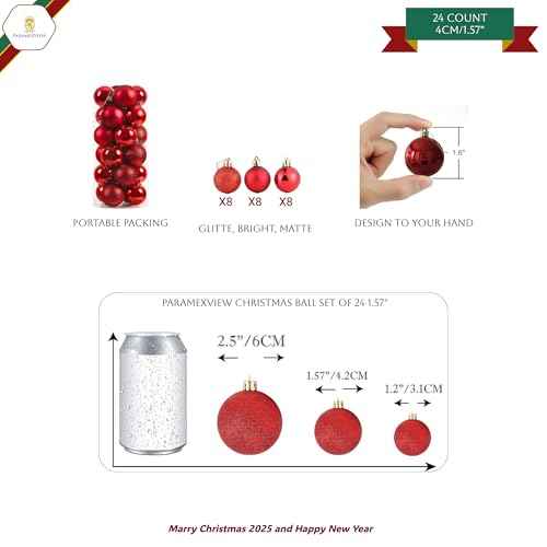 Paramexview¢ç 24 Pcs Christmas Balls Set, 40mm/1.57" inch, Christmas Tree Hanging Shatterproof Ornaments Decoration, Pre-Hooked Hanging Balls, Seasonal Home Decoration for Trees (Red)