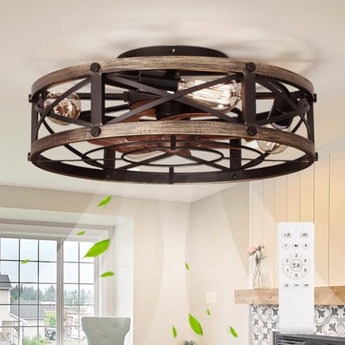 Gold 19-Inch Caged Ceiling Fan with Light and Remote - Farmhouse Flush Mount