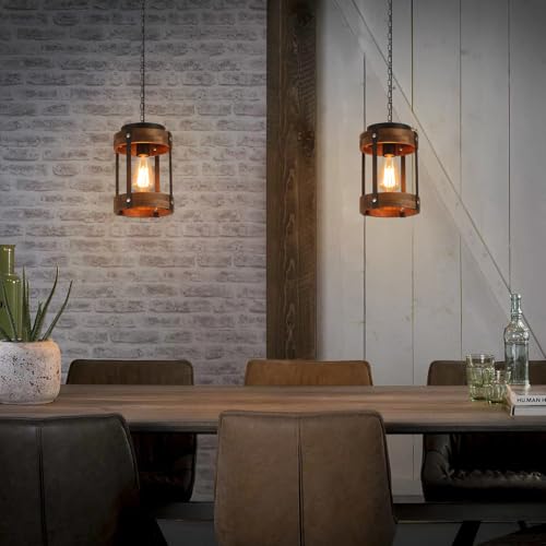 Small Pendant Light 2 Pack Rustic Farmhouse Wood and Metal Fixture - Adjustable Chain