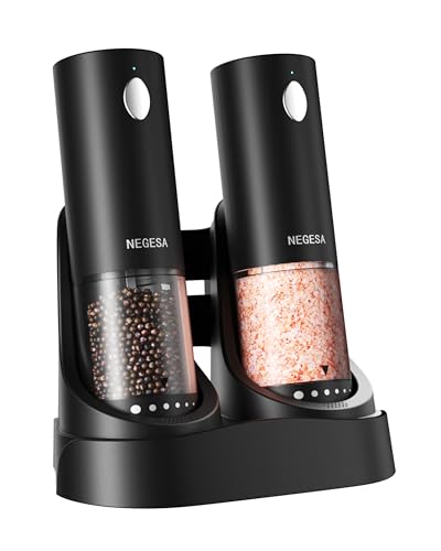 Electric Salt and Pepper Grinder Set with Rechargeable Base - Black, 6-Level Coarseness