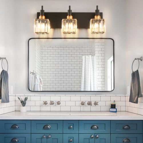 Black Gold Square Shade 3-Light Crystal Vanity Light Fixture for Bathroom – Modern Brass Wall Sconce