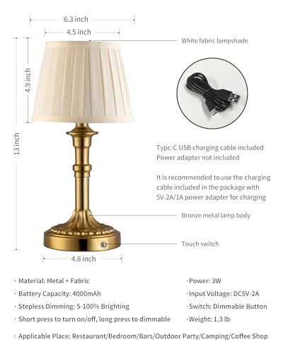 KDG Gold Cordless Table Lamp with Beige Fabric Shade - Portable Desk Light