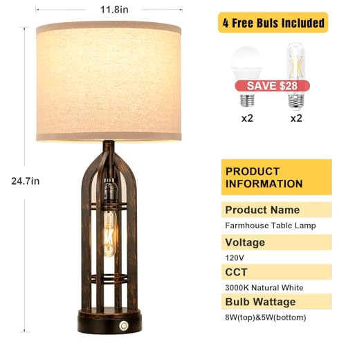 Seealle Table Lamps for Living Room, 3 Way Dimmable Farmhouse Lamp