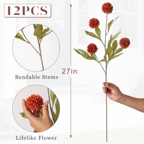 Artificial Fall Pompon Mum Stems - 12 Orange Silk Flowers for Vase Decor, 27 Inches - Creative Autumn Home Decor