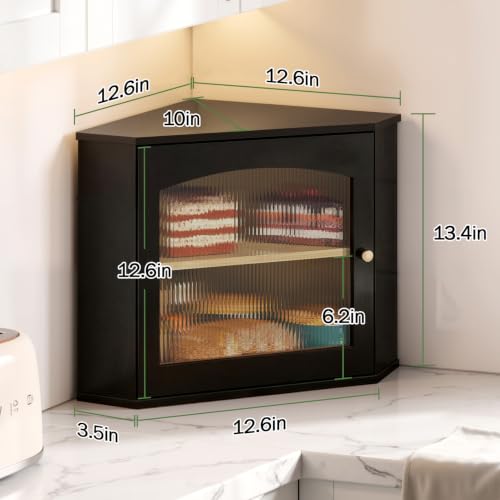 Corner Bread Box for Kitchen Countertop - Bamboo Wood Storage, Black Variation