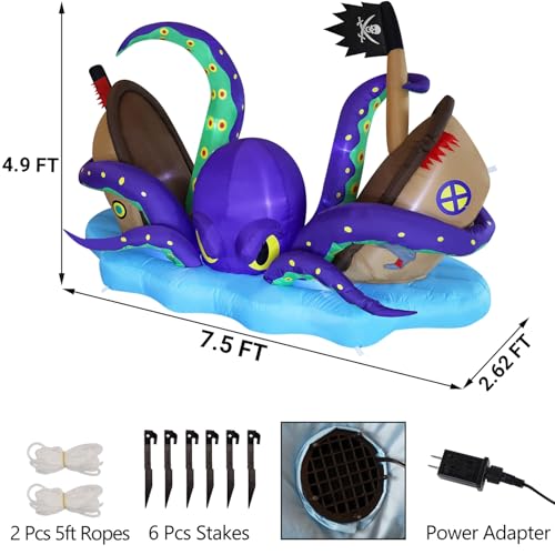 Juegoal Halloween Inflatable Giant Octopus & Haunted Pirate Ship, 7.5FT Lighted Yard Decor