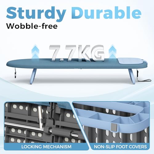 Blue Small Compact Ironing Board with Iron Mat - Space-Saving Tabletop Design