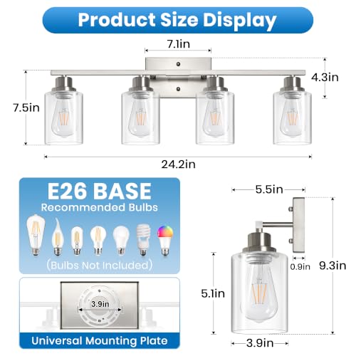 Brushed Nickel 4-Light Bathroom Vanity Light Fixture with Clear Glass Shades - Reversible Mounting