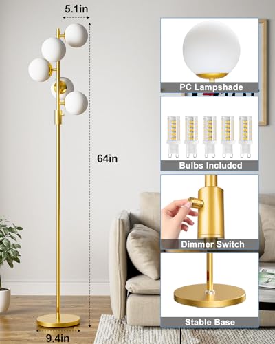 Lightdot Gold Globe Floor Lamp - Dimmable Mid Century Modern Standing Lamp with 5 Bulbs