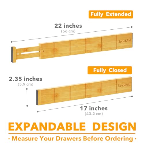 SpaceAid Bamboo Drawer Dividers with Labels, Adjustable Expandable Organizer, 7 Dividers with 15 Inserts, Natural 17-22 inch