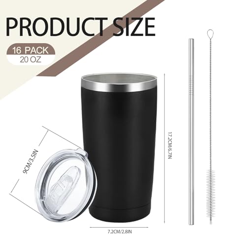 YOUKE OLA 16-Pack 20oz Stainless Steel Insulated Travel Tumblers with Lids & Straws, Matte Black