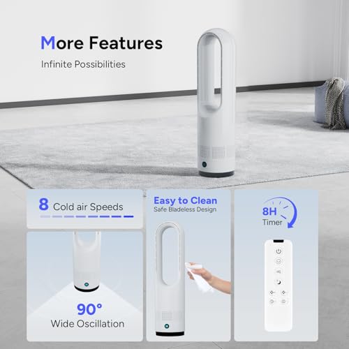 Faryuan 22-Inch White Bladeless Tower Fan with Remote, 8 Speeds, 80° Oscillation, 9H Timer, Quiet Portable Cooling for Indoor Use