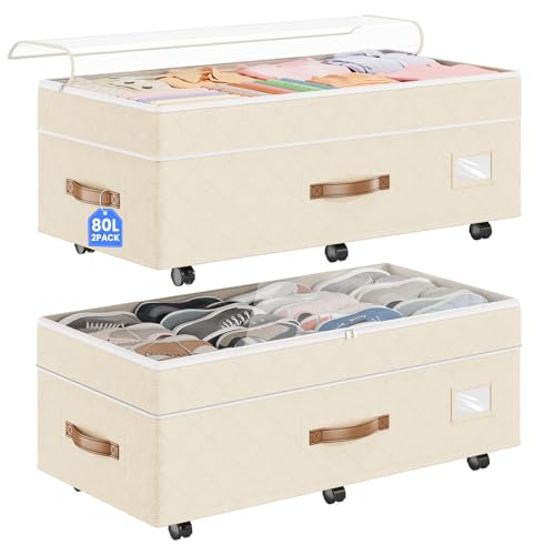 Budding Joy Beige 2-Pack 80L Under Bed Storage Bins with Wheels & Handles
