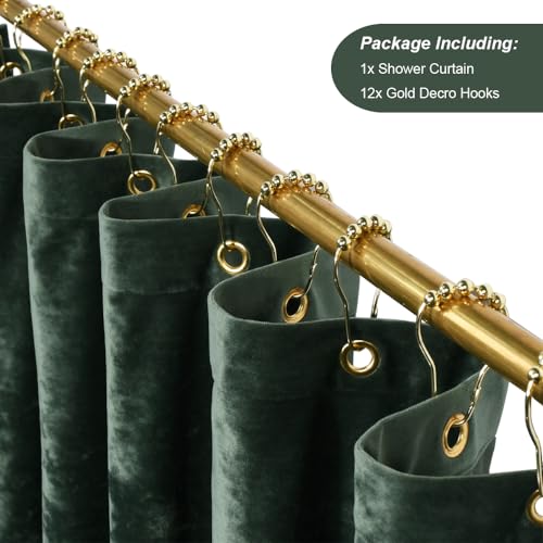 TAMGHO Extra Long Dark Green Velvet Shower Curtain Set with Gold Hooks, Waterproof 84 Inch