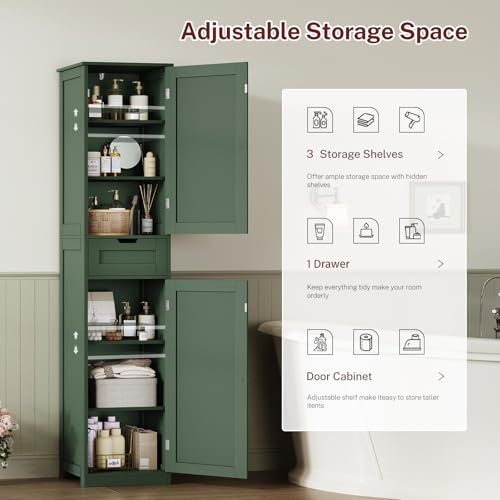 TEENFON Tall Bathroom Storage Cabinet with 2 Doors & 1 Drawer, Forest Green, Narrow Design