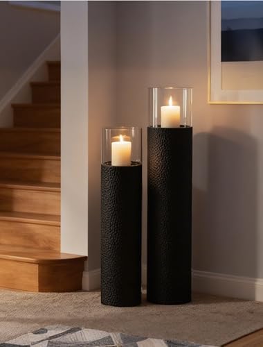 Sziqiqi Tall Floor Candle Holders Set - 27.95in & 34.65in Black Hurricane Pillar Candle Holders with Glass, Modern Home Decor