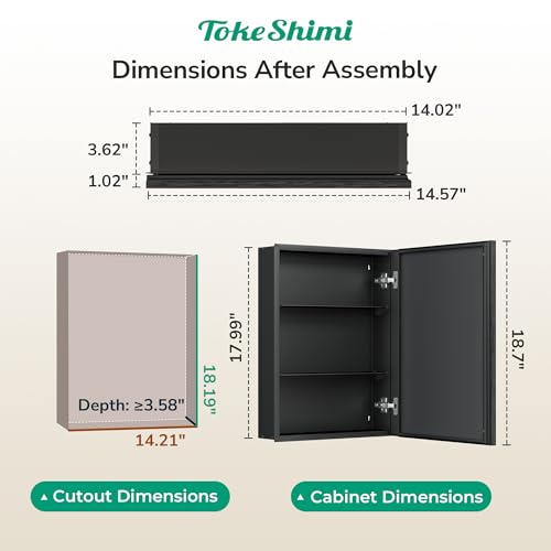 TokeShimi 14x18 Recessed Black Medicine Cabinet with Mirror & Adjustable Shelves - Assembly Required