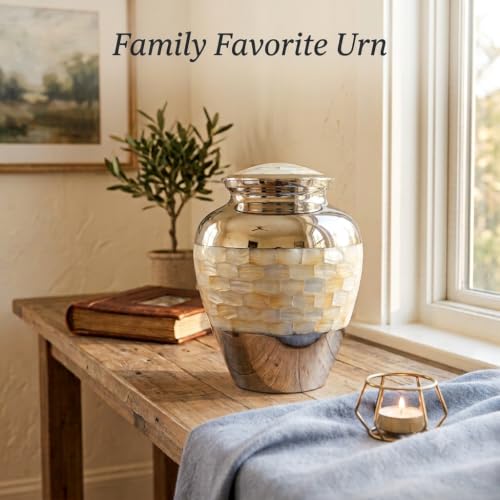 Silver Mother of Pearl Cremation Urn for Adult Ashes Large 9 Inch - Handcrafted Memorial Urn with Variations