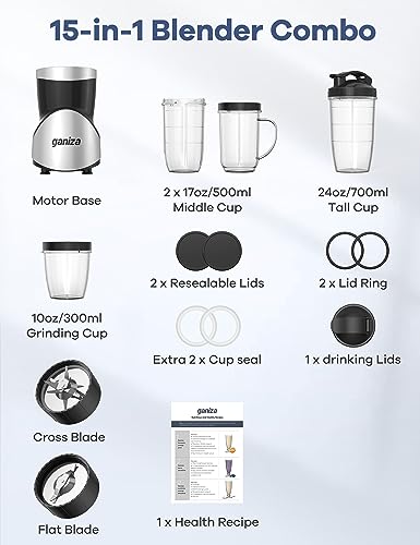 Ganiza Black 900W Smoothie Blender for Shakes & Smoothies - Powerful 6-Blade Kitchen Appliance